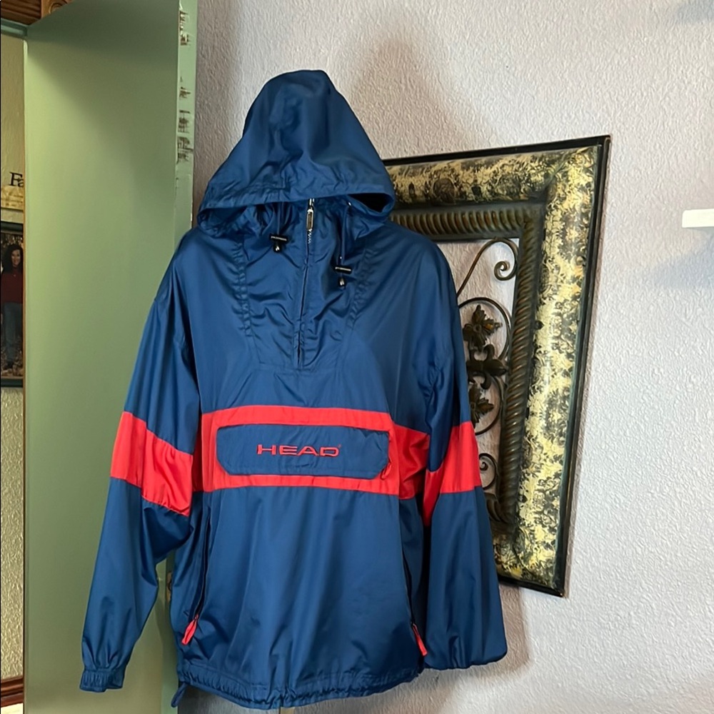 VTG Head Hooded Navy and Red Windbreaker Jacket Sz L